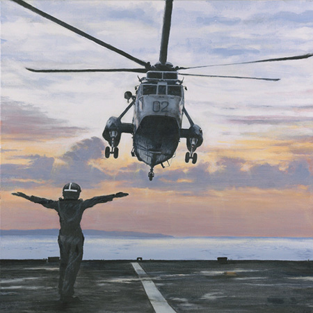 Painting of helicopter approaching landing bay