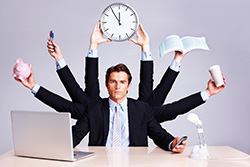 Man with eight arms holding clock